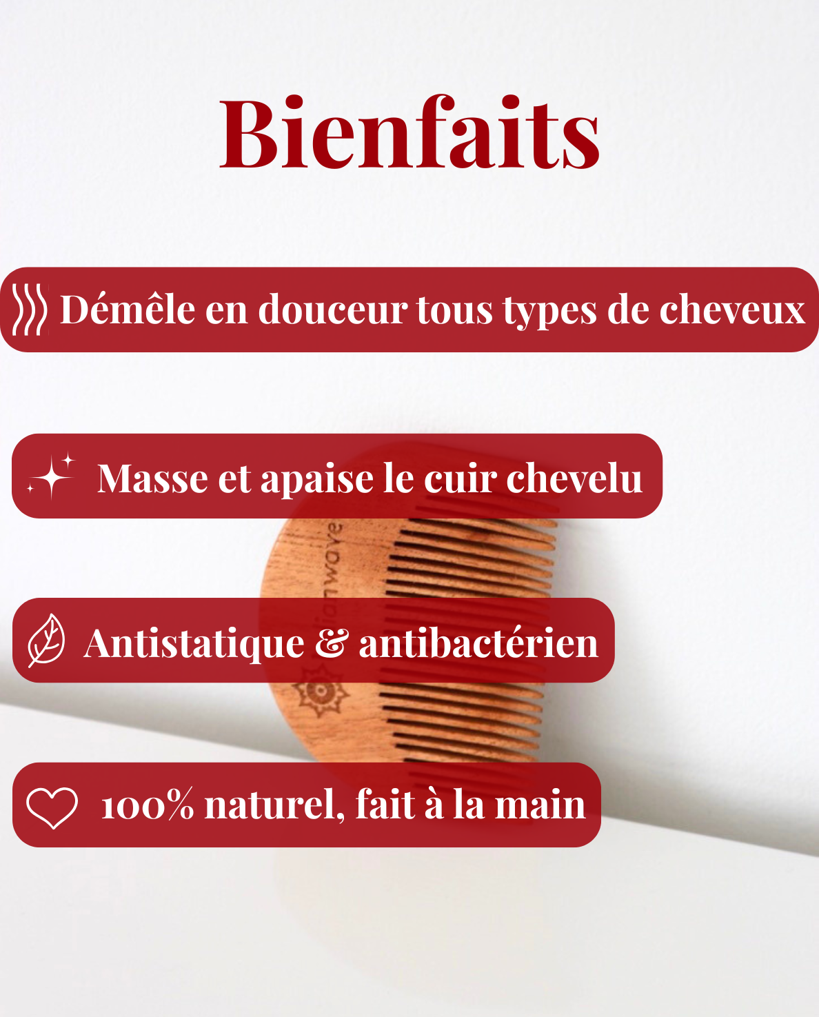 Mini Peigne en Bois de Neem (dents etroites)